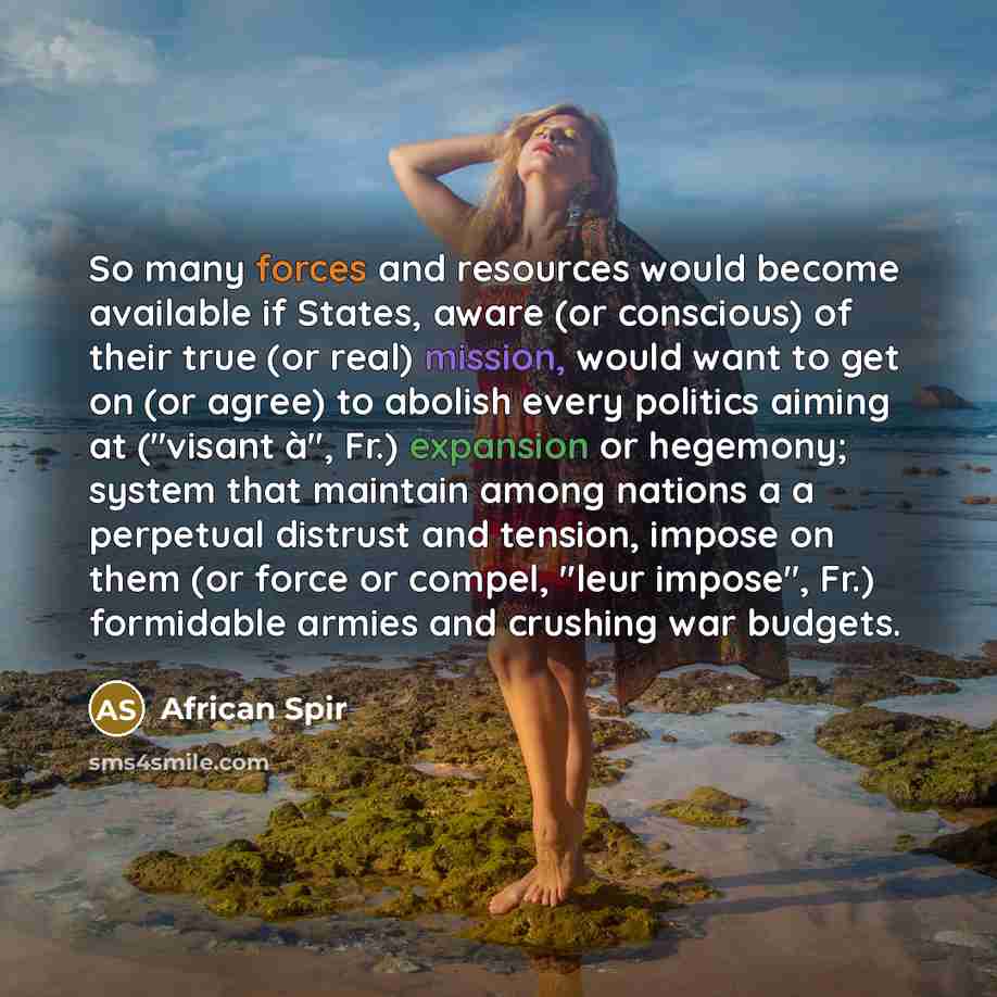 “So many forces and resources would become available if States, aware (or conscious) of their true (or real) mission, would want to get on (or agree) to abolish every politics aiming at ("visant à", Fr.) expansion or hegemony; system that maintain among nations a a perpetual distrust and tension…” quote by African Spir