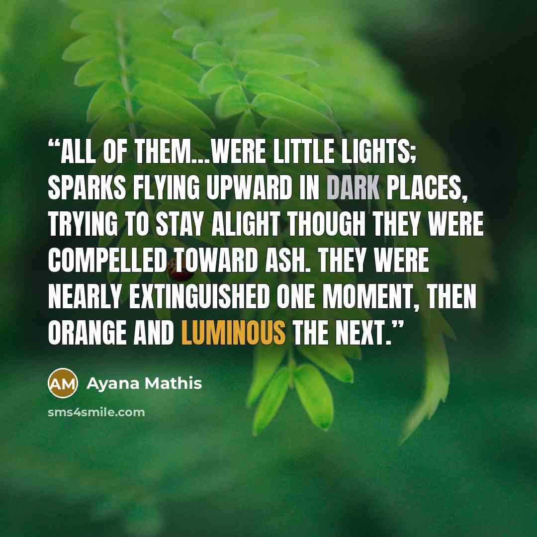 “All of them...were little lights; sparks flying upward in dark places, trying to stay alight though they were compelled toward ash. They were nearly extinguished one moment, then orange and luminous the next.” quote by Ayana Mathis