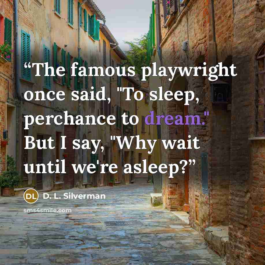 “The famous playwright once said, "To sleep, perchance to dream." But I say, "Why wait until we're asleep?” quote by D. L. Silverman
