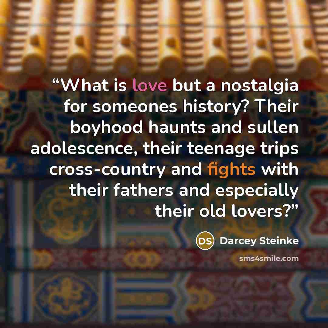 “What is love but a nostalgia for someones history? Their boyhood haunts and sullen adolescence, their teenage trips cross-country and fights with their fathers and especially their old lovers?” quote by Darcey Steinke