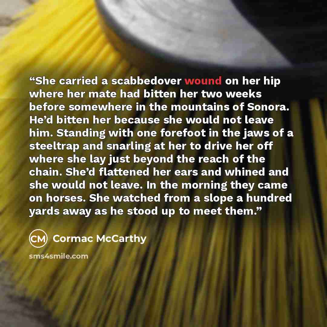 “She carried a scabbedover wound on her hip where her mate had bitten her two weeks before somewhere in the mountains of Sonora. He’d bitten her because she would not leave him. Standing with one forefoot in the jaws of a steeltrap and snarling at her to drive her off where she lay just beyond the…” quote by Cormac McCarthy