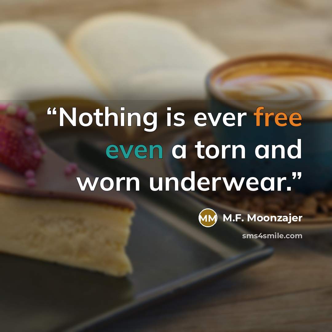 “Nothing is ever free even a torn and worn underwear.” quote by M.F. Moonzajer