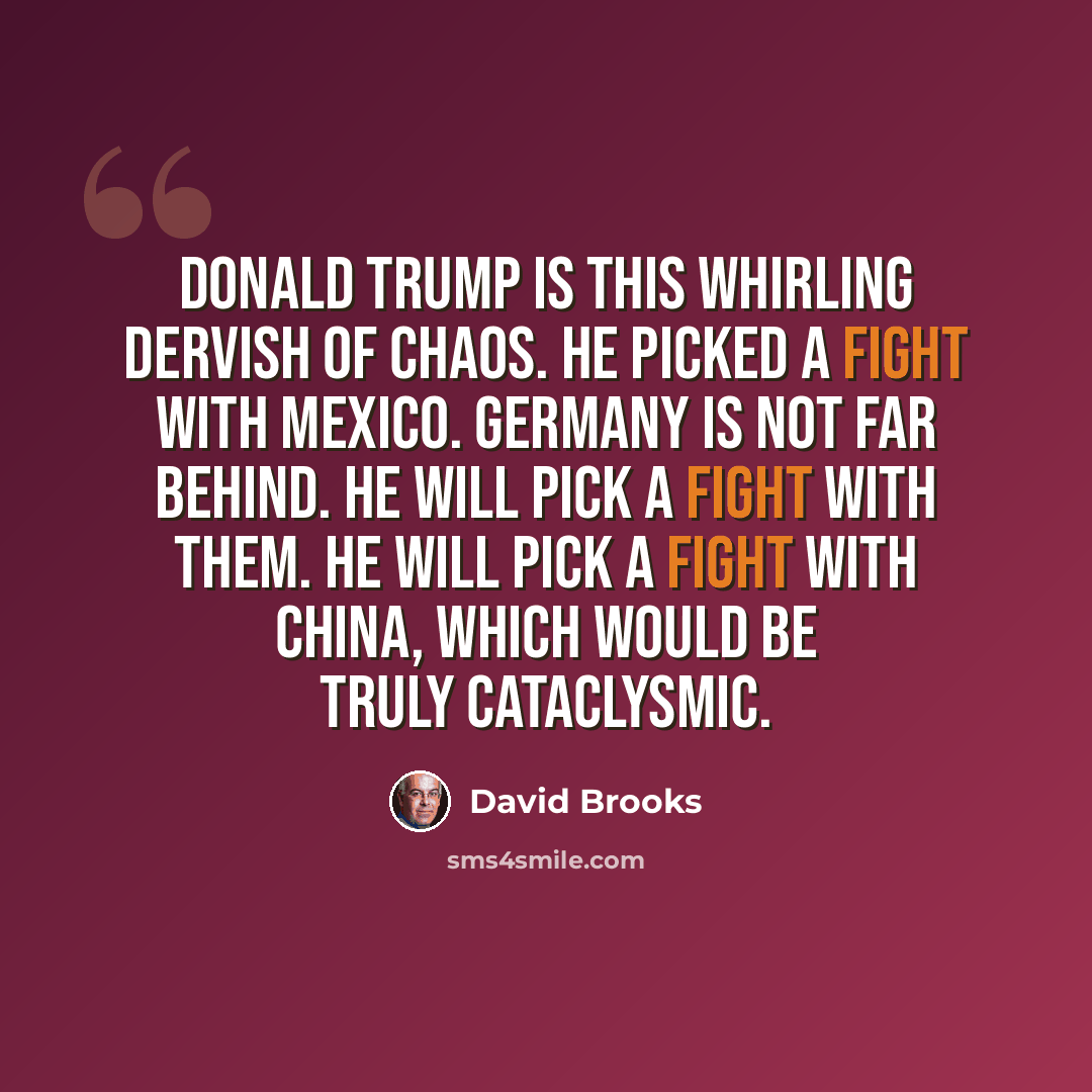 “Donald Trump is this whirling dervish of chaos. He picked a fight with Mexico. Germany is not far behind. He will pick a fight with them. He will pick a fight with China, which would be truly cataclysmic.” quote by David Brooks