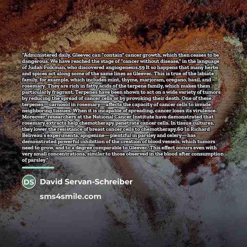 “Administered daily, Gleevec can “contain” cancer growth, which then ceases to be dangerous. We have reached the stage of “cancer without disease,” in the language of Judah Folkman, who discovered angiogenesis.59 It so happens that many herbs and spices act along some of the same lines as Gleevec…” quote by Anonymous