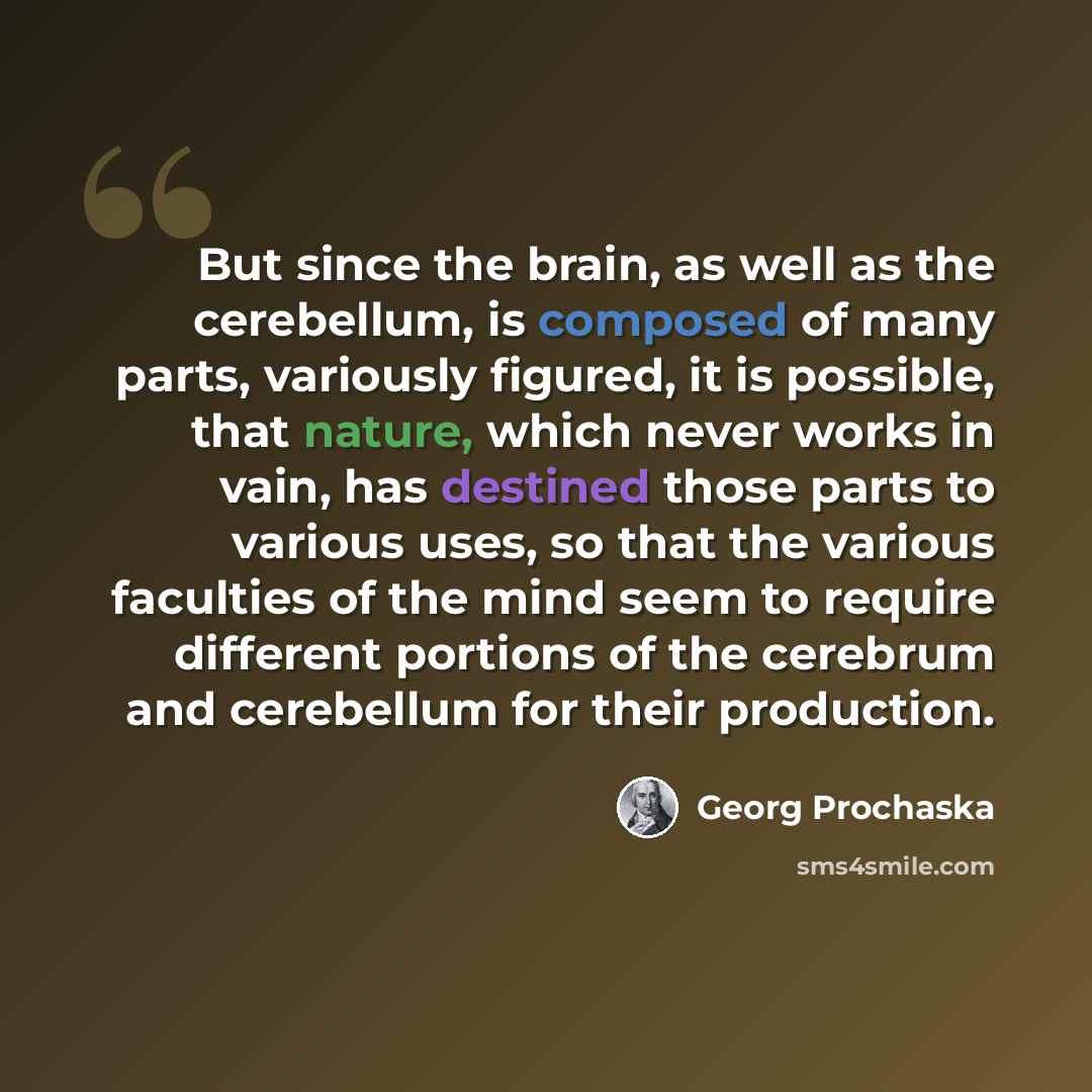 “But since the brain, as well as the cerebellum, is composed of many parts, variously figured, it is possible, that nature, which never works in vain, has destined those parts to various uses, so that the various faculties of the mind seem to require different portions of the cerebrum and…” quote by Georg Prochaska