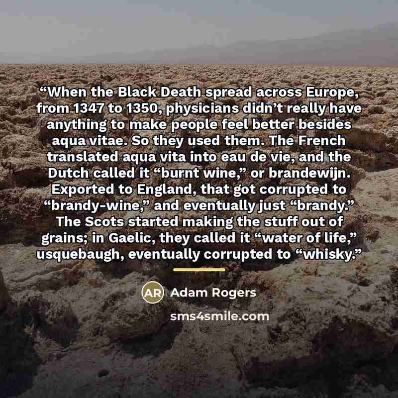 “When the Black Death spread across Europe, from 1347 to 1350, physicians didn’t really have anything to make people feel better besides aqua vitae. So they used them. The French translated aqua vita into eau de vie, and the Dutch called it “burnt wine,” or brandewijn. Exported to England, that got…” quote by Adam Rogers