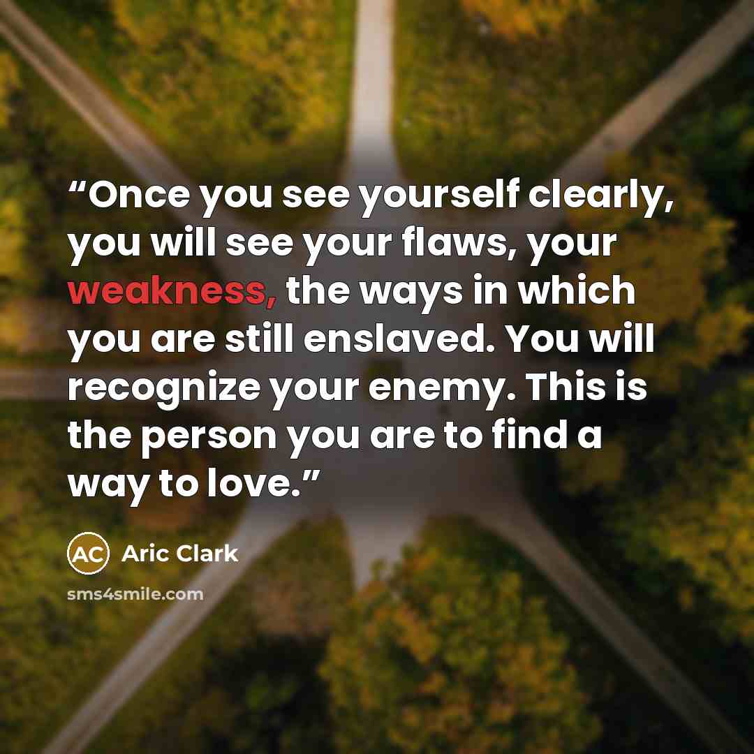 “Once you see yourself clearly, you will see your flaws, your weakness, the ways in which you are still enslaved. You will recognize your enemy. This is the person you are to find a way to love.” quote by Aric Clark
