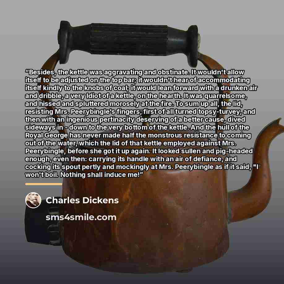 “Besides, the kettle was aggravating and obstinate. It wouldn't allow itself to be adjusted on the top bar; it wouldn't hear of accommodating itself kindly to the knobs of coal; it would lean forward with a drunken air and dribble, a very Idiot of a kettle, on the hearth. It was quarrelsome, and…” quote by Charles Dickens