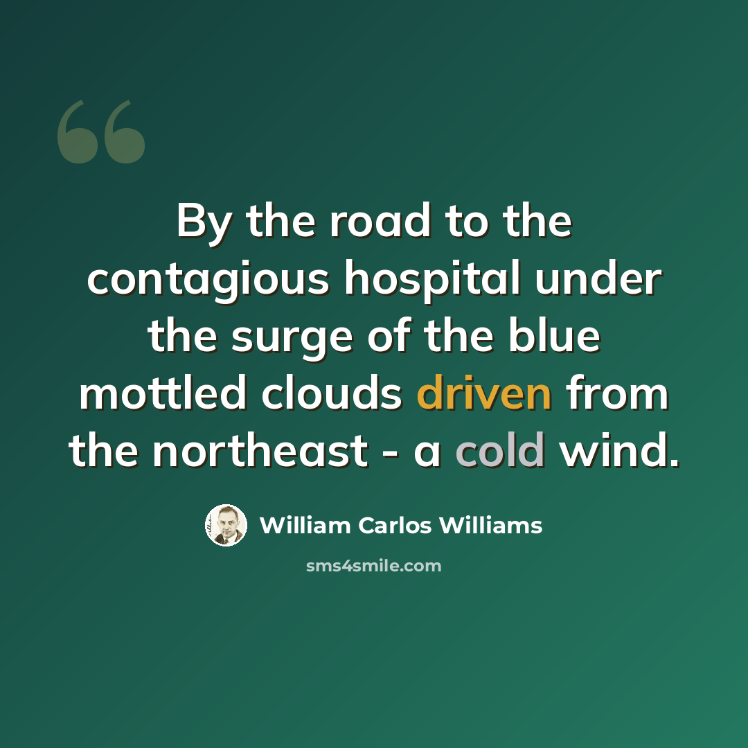 “By the road to the contagious hospital under the surge of the blue mottled clouds driven from the northeast - a cold wind.” quote by William Carlos Williams