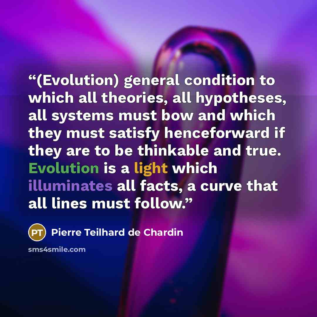 “(Evolution) general condition to which all theories, all hypotheses, all systems must bow and which they must satisfy henceforward if they are to be thinkable and true. Evolution is a light which illuminates all facts, a curve that all lines must follow.” quote by Pierre Teilhard de Chardin