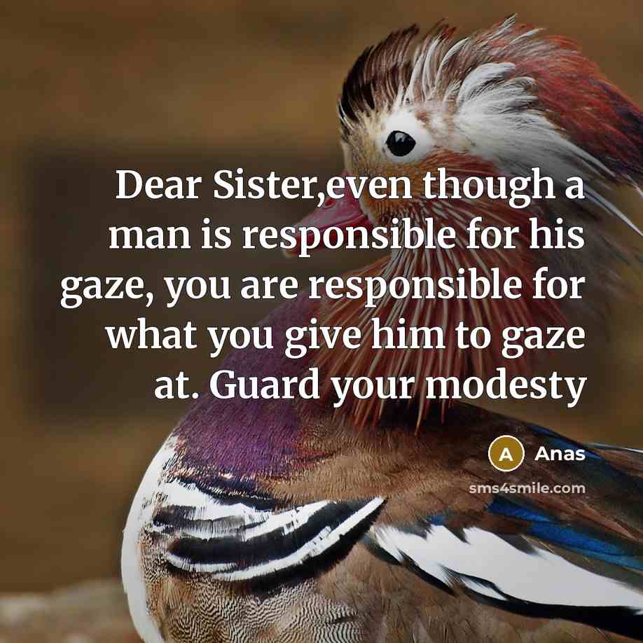 “Dear Sister,even though a man is responsible for his gaze, you are responsible for what you give him to gaze at. Guard your modesty” quote by Anas