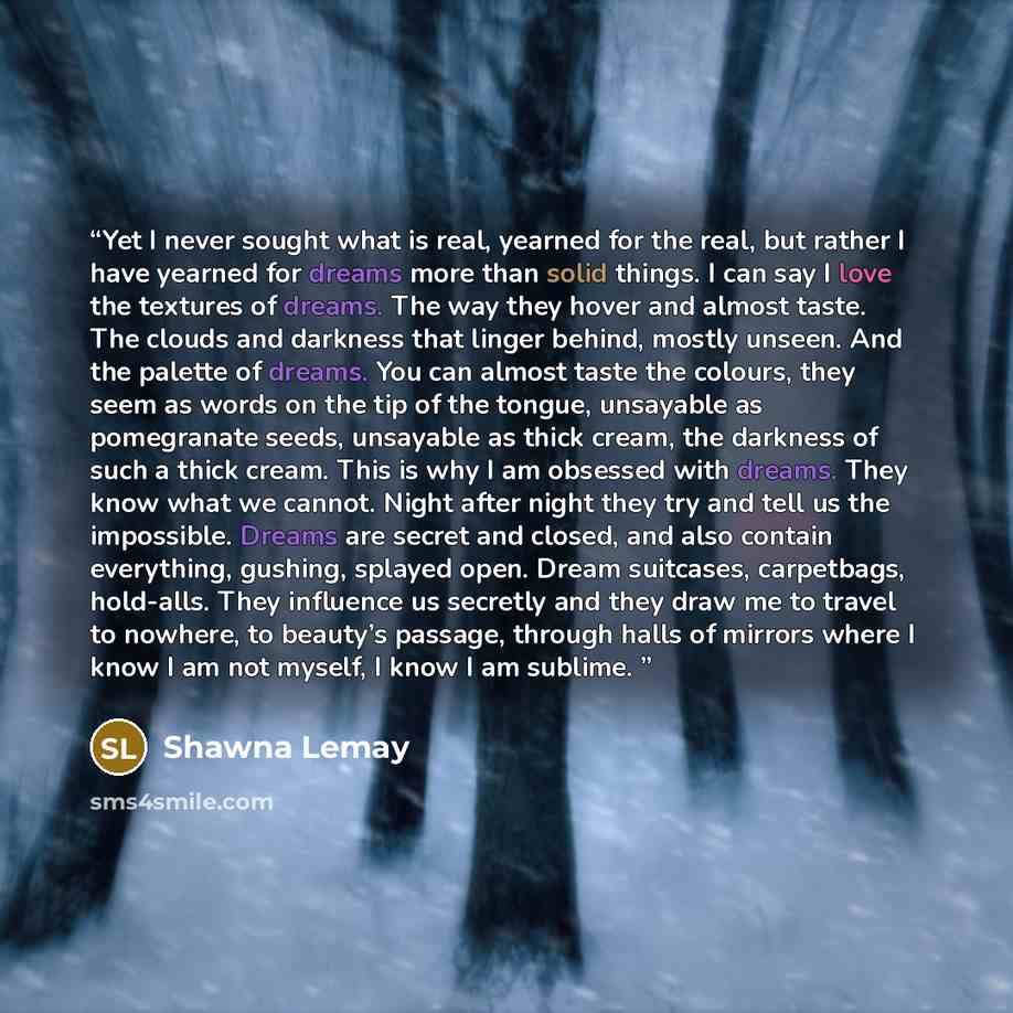 “Yet I never sought what is real, yearned for the real, but rather I have yearned for dreams more than solid things. I can say I love the textures of dreams. The way they hover and almost taste. The clouds and darkness that linger behind, mostly unseen. And the palette of dreams. You can almost…” quote by Shawna Lemay