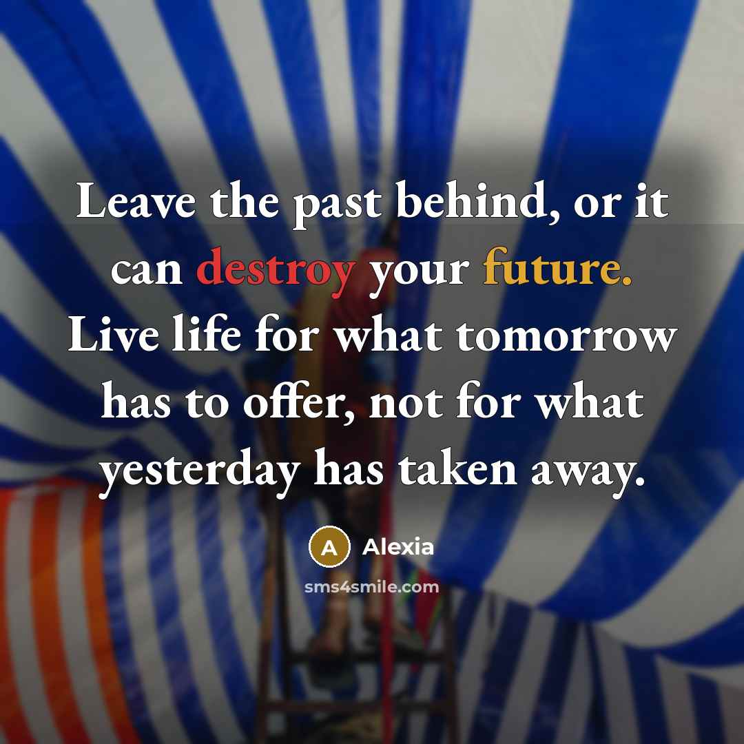 “Leave the past behind, or it can destroy your future. Live life for what tomorrow has to offer, not for what yesterday has taken away.” quote by Alexia
