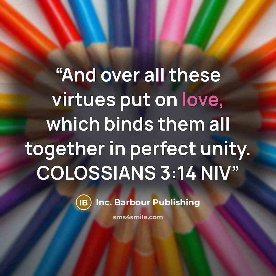 “And over all these virtues put on love, which binds them all together in perfect unity. COLOSSIANS 3:14 NIV” quote by Inc. Barbour Publishing