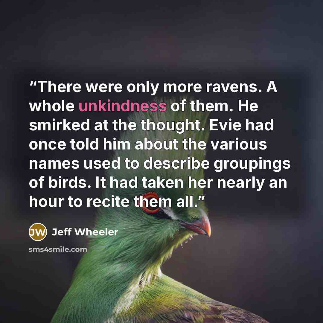 “There were only more ravens. A whole unkindness of them. He smirked at the thought. Evie had once told him about the various names used to describe groupings of birds. It had taken her nearly an hour to recite them all.” quote by Jeff Wheeler