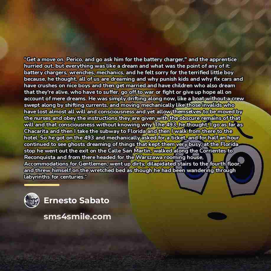 “Get a move on, Perico, and go ask him for the battery charger," and the apprentice hurried out, but everything was like a dream and what was the point of any of it: battery chargers, wrenches, mechanics, and he felt sorry for the terrified little boy because, he thought, all of us are dreaming and…” quote by Ernesto Sabato