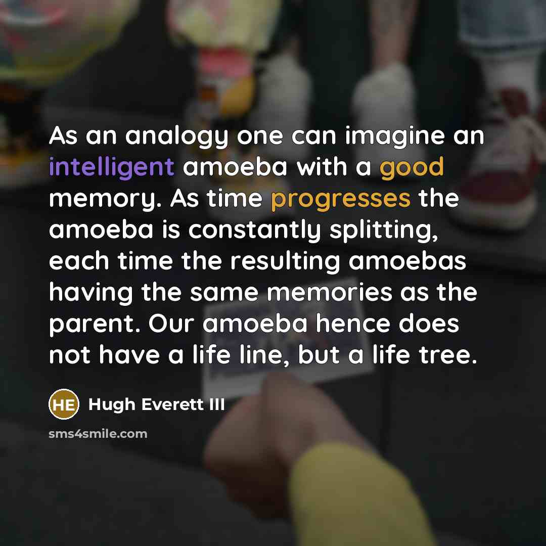 “As an analogy one can imagine an intelligent amoeba with a good memory. As time progresses the amoeba is constantly splitting, each time the resulting amoebas having the same memories as the parent. Our amoeba hence does not have a life line, but a life tree.” quote by Hugh Everett III