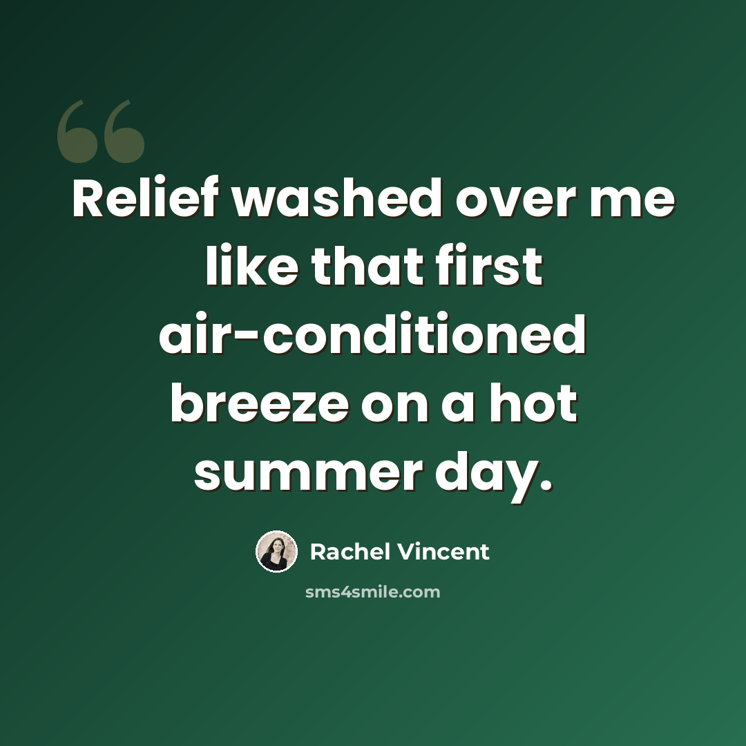 “Relief washed over me like that first air-conditioned breeze on a hot summer day.” quote by Rachel Vincent