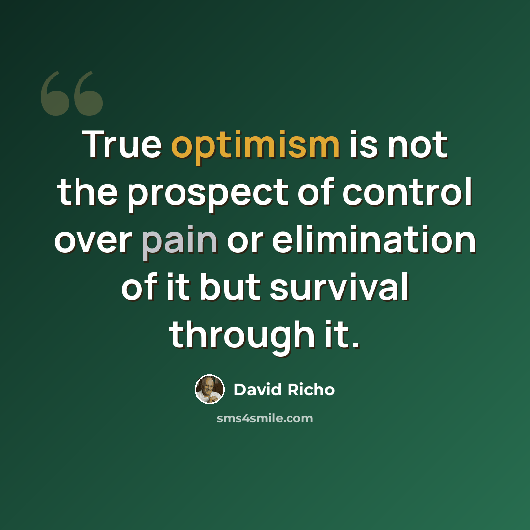 “True optimism is not the prospect of control over pain or elimination of it but survival through it.” quote by David Richo