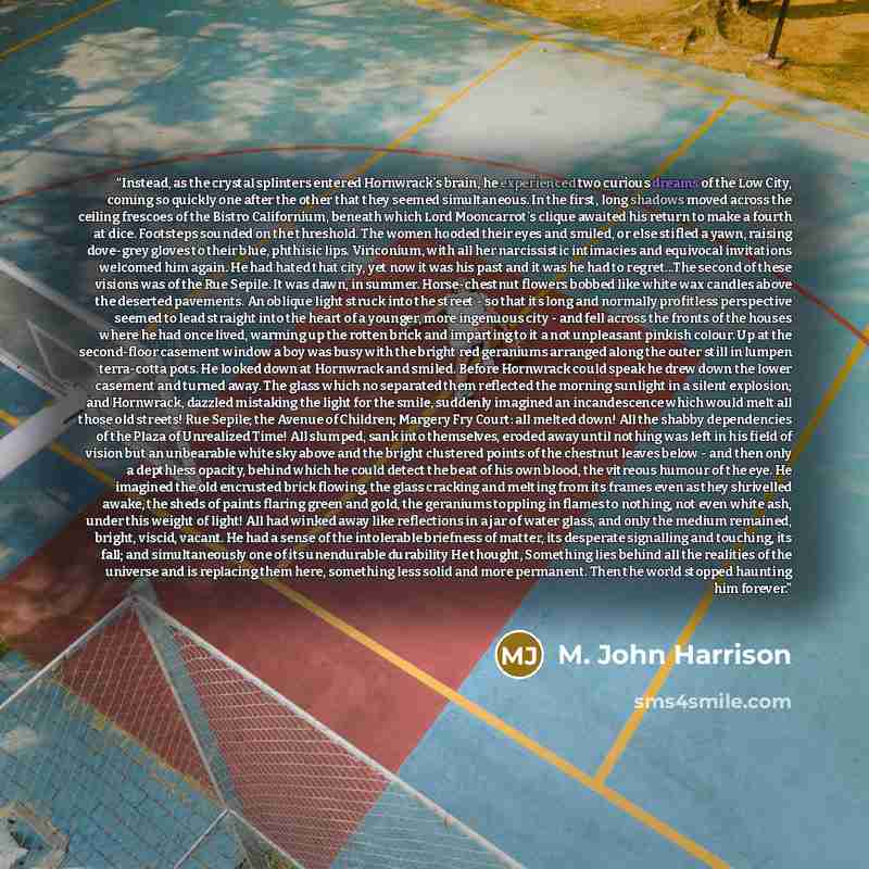“Instead, as the crystal splinters entered Hornwrack's brain, he experienced two curious dreams of the Low City, coming so quickly one after the other that they seemed simultaneous. In the first, long shadows moved across the ceiling frescoes of the Bistro Californium, beneath which Lord…” quote by M. John Harrison