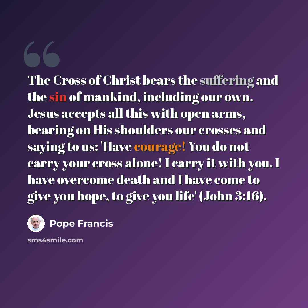 “The Cross of Christ bears the suffering and the sin of mankind, including our own. Jesus accepts all this with open arms, bearing on His shoulders our crosses and saying to us: 'Have courage! You do not carry your cross alone! I carry it with you. I have overcome death and I have come to give you…” quote by Pope Francis