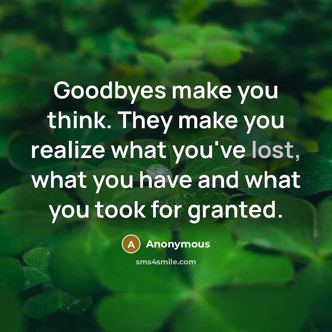 “Goodbyes make you think. They make you realize what you've lost, what you have and what you took for granted.” quote by Anonymous