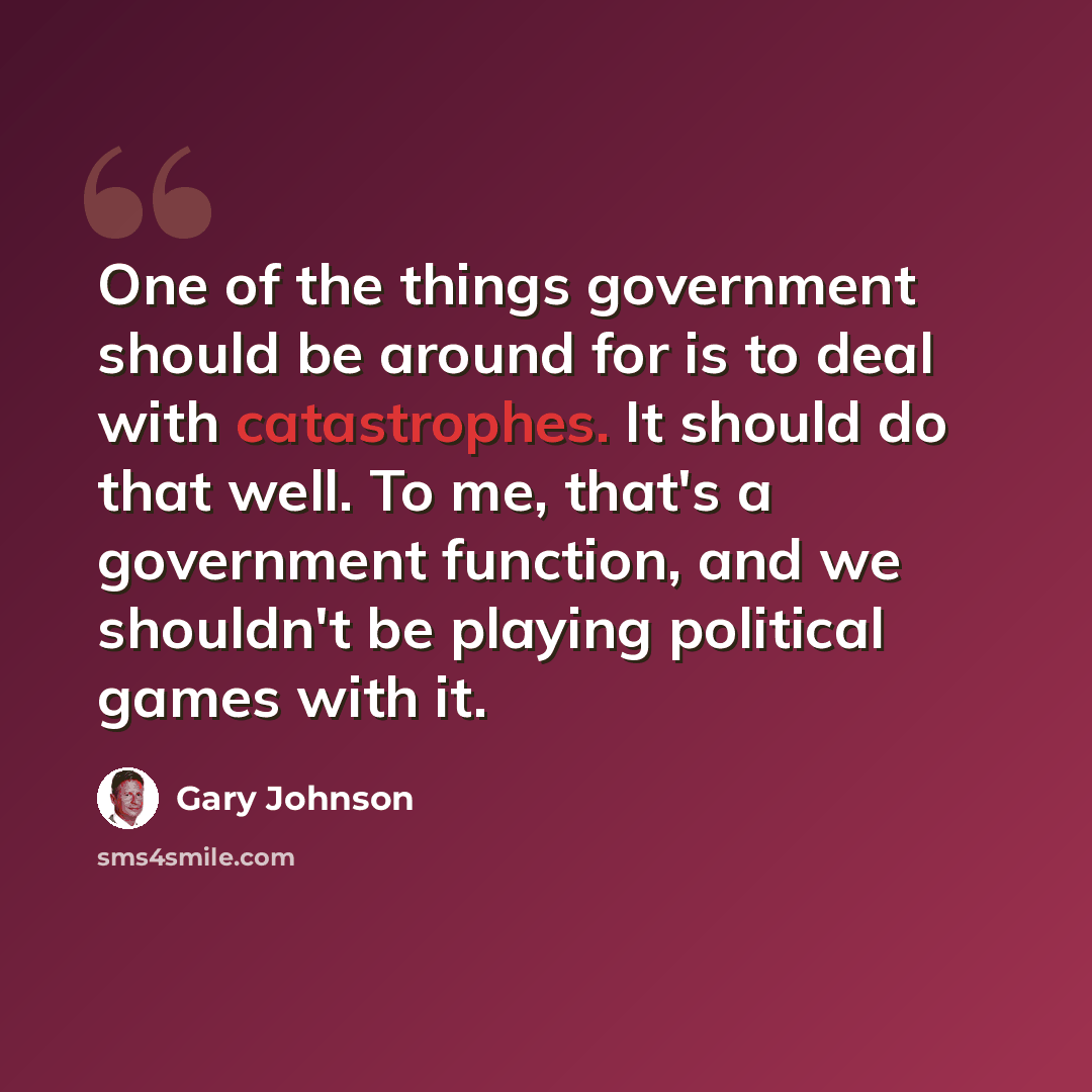 “One of the things government should be around for is to deal with catastrophes. It should do that well. To me, that's a government function, and we shouldn't be playing political games with it.” quote by Gary Johnson