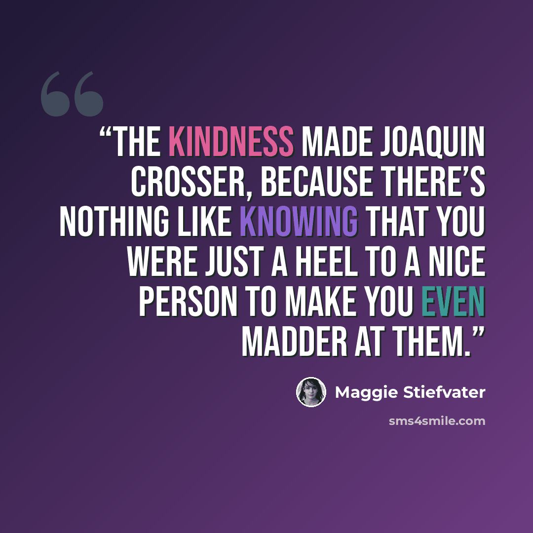 “The kindness made Joaquin crosser, because there’s nothing like knowing that you were just a heel to a nice person to make you even madder at them.” quote by Maggie Stiefvater