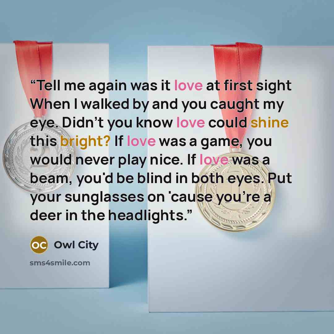 “Tell me again was it love at first sight When I walked by and you caught my eye. Didn't you know love could shine this bright? If love was a game, you would never play nice. If love was a beam, you'd be blind in both eyes. Put your sunglasses on 'cause you're a deer in the headlights.” quote by Owl City