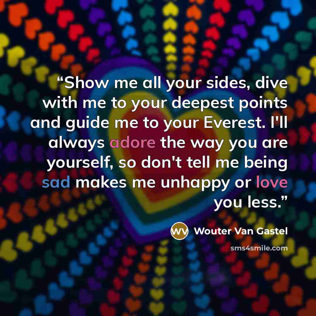 “Show me all your sides, dive with me to your deepest points and guide me to your Everest. I'll always adore the way you are yourself, so don't tell me being sad makes me unhappy or love you less.” quote by Wouter Van Gastel