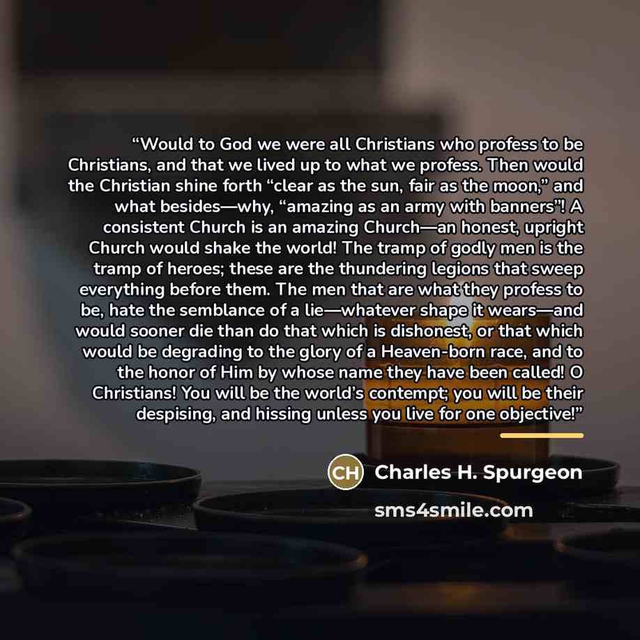 “Would to God we were all Christians who profess to be Christians, and that we lived up to what we profess. Then would the Christian shine forth “clear as the sun, fair as the moon,” and what besides—why, “amazing as an army with banners”! A consistent Church is an amazing Church—an honest, upright…” quote by Charles H. Spurgeon
