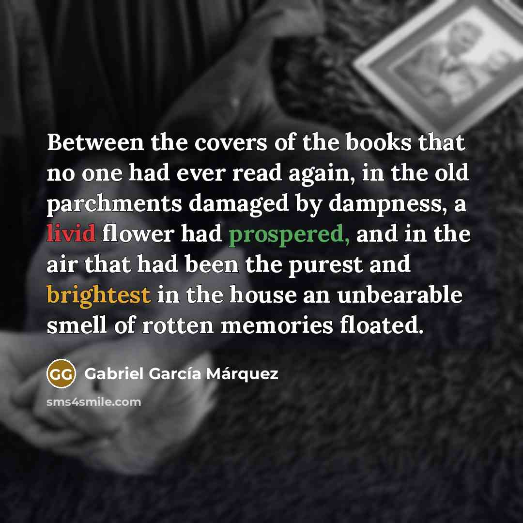 “Between the covers of the books that no one had ever read again, in the old parchments damaged by dampness, a livid flower had prospered, and in the air that had been the purest and brightest in the house an unbearable smell of rotten memories floated.” quote by Gabriel Garcia Marquez
