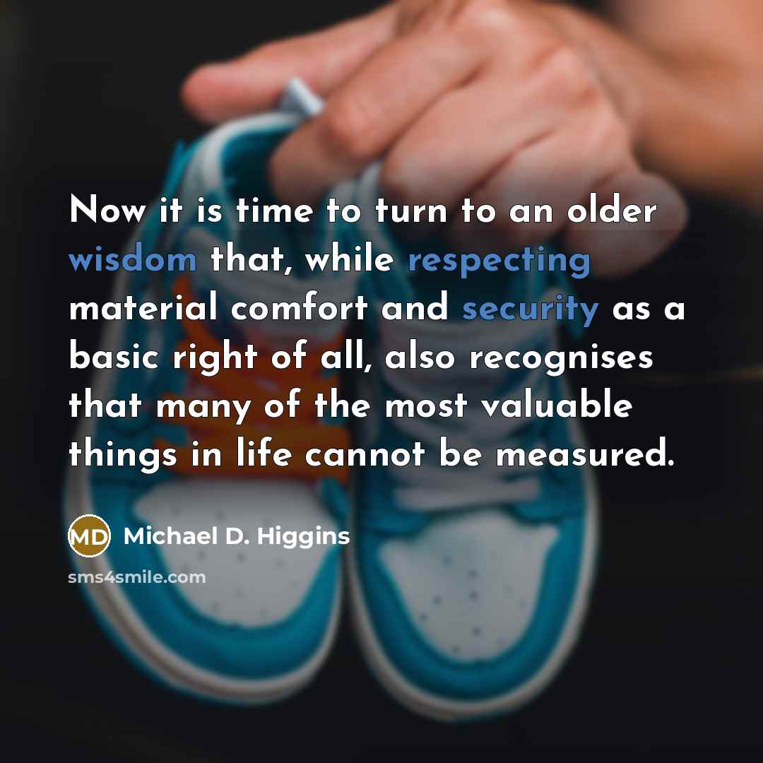 “Now it is time to turn to an older wisdom that, while respecting material comfort and security as a basic right of all, also recognises that many of the most valuable things in life cannot be measured.” quote by Michael D. Higgins
