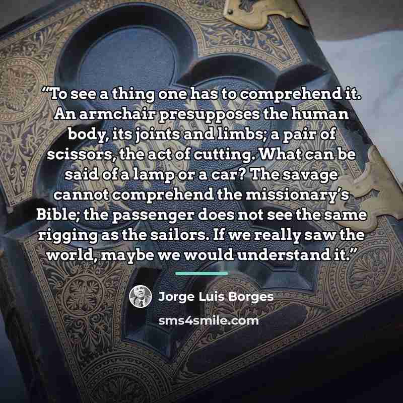 “To see a thing one has to comprehend it. An armchair presupposes the human body, its joints and limbs; a pair of scissors, the act of cutting. What can be said of a lamp or a car? The savage cannot comprehend the missionary’s Bible; the passenger does not see the same rigging as the sailors. If we…” quote by Jorge Luis Borges
