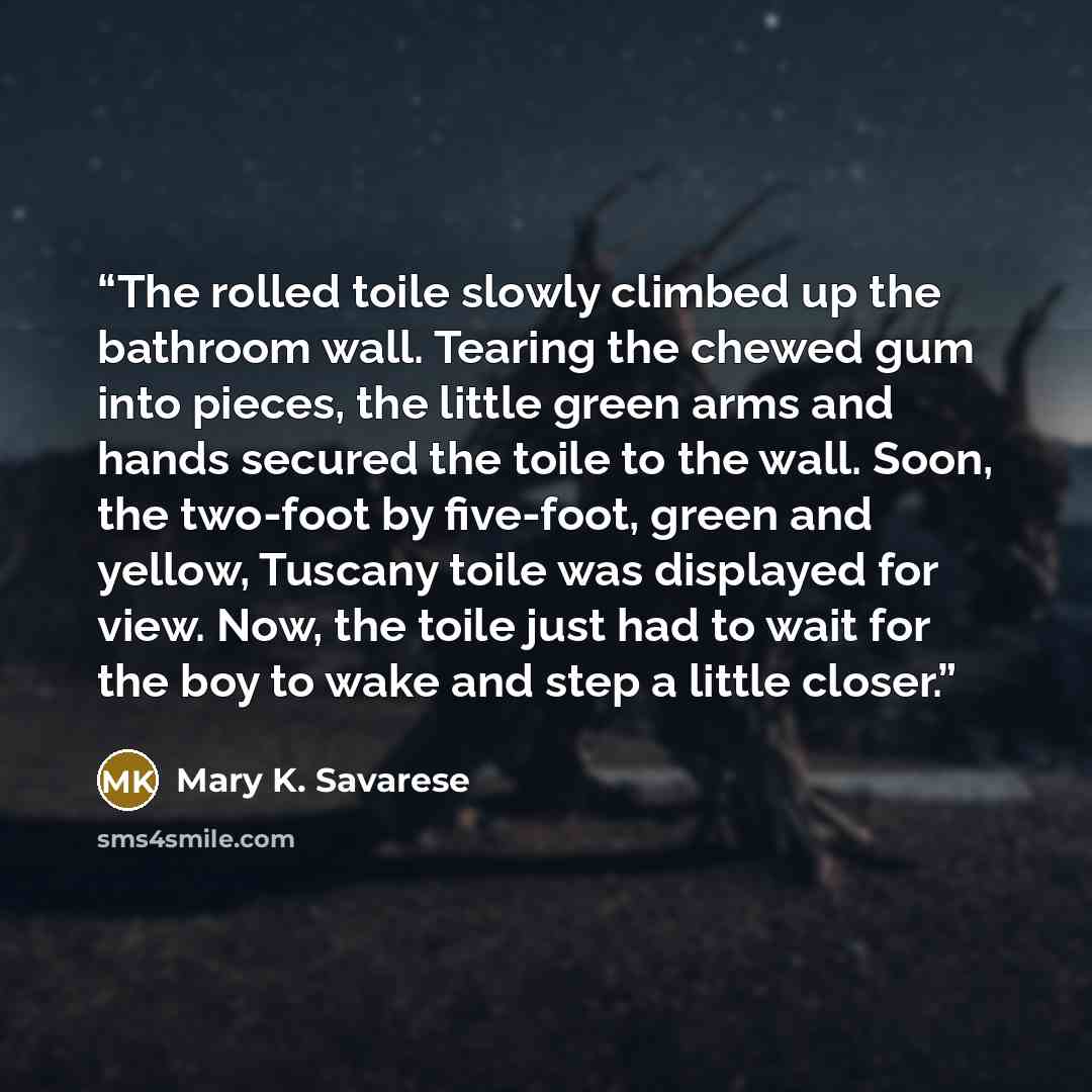 “The rolled toile slowly climbed up the bathroom wall. Tearing the chewed gum into pieces, the little green arms and hands secured the toile to the wall. Soon, the two-foot by five-foot, green and yellow, Tuscany toile was displayed for view. Now, the toile just had to wait for the boy to wake and…” quote by Mary K. Savarese