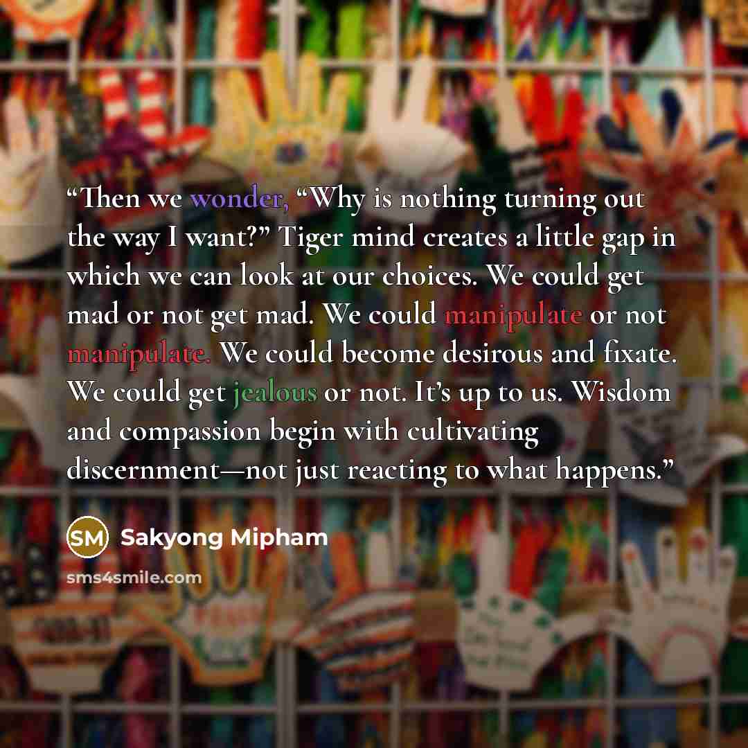 “Then we wonder, “Why is nothing turning out the way I want?” Tiger mind creates a little gap in which we can look at our choices. We could get mad or not get mad. We could manipulate or not manipulate. We could become desirous and fixate. We could get jealous or not. It’s up to us. Wisdom and…” quote by Sakyong Mipham