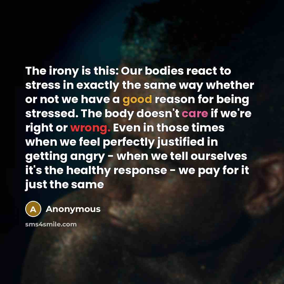 “The irony is this: Our bodies react to stress in exactly the same way whether or not we have a good reason for being stressed. The body doesn't care if we're right or wrong. Even in those times when we feel perfectly justified in getting angry - when we tell ourselves it's the healthy response…” quote by Anonymous