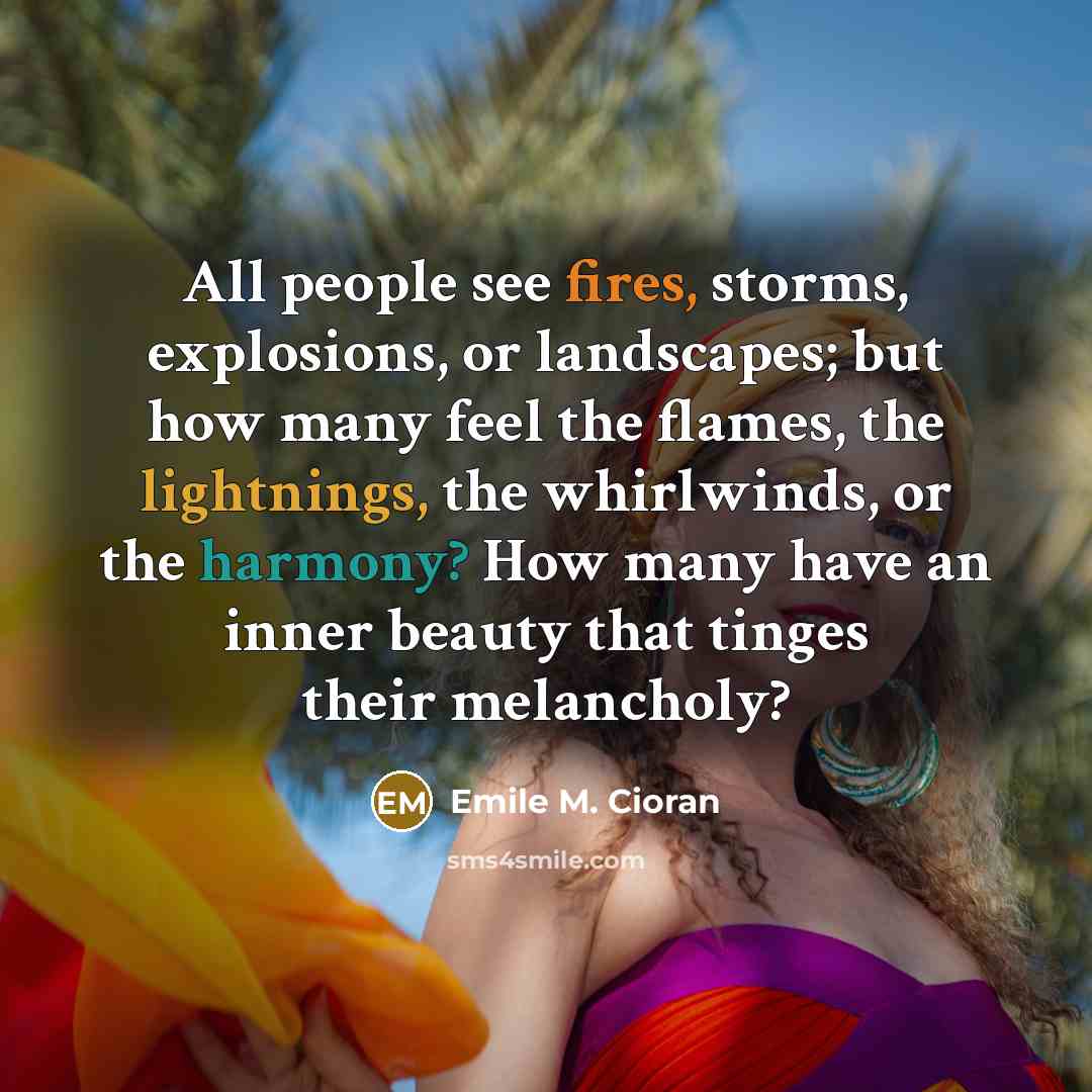 “All people see fires, storms, explosions, or landscapes; but how many feel the flames, the lightnings, the whirlwinds, or the harmony? How many have an inner beauty that tinges their melancholy?” quote by Emile M. Cioran
