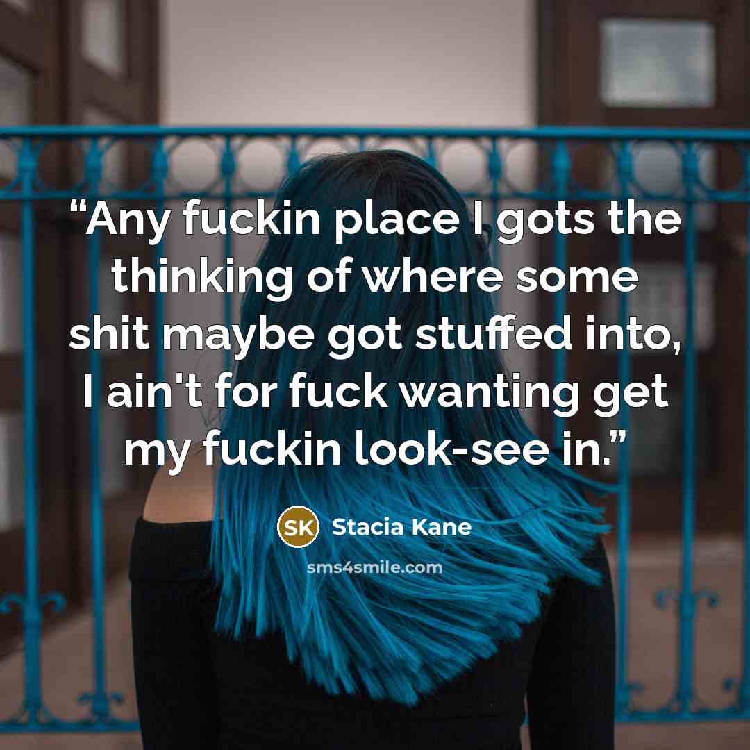 “Any fuckin place I gots the thinking of where some shit maybe got stuffed into, I ain't for fuck wanting get my fuckin look-see in.” quote by Stacia Kane