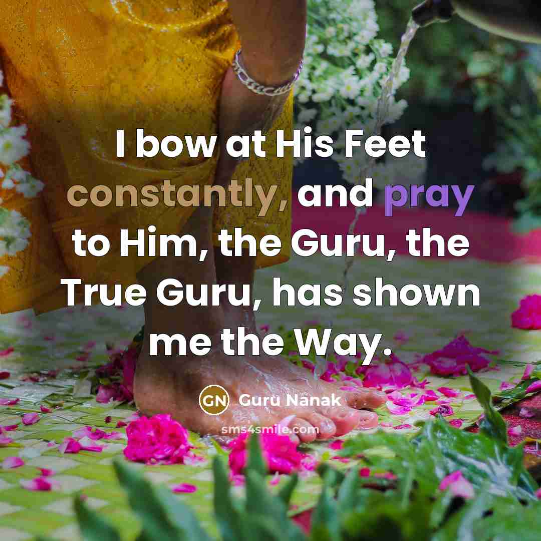 “I bow at His Feet constantly, and pray to Him, the Guru, the True Guru, has shown me the Way.” quote by Guru Nanak