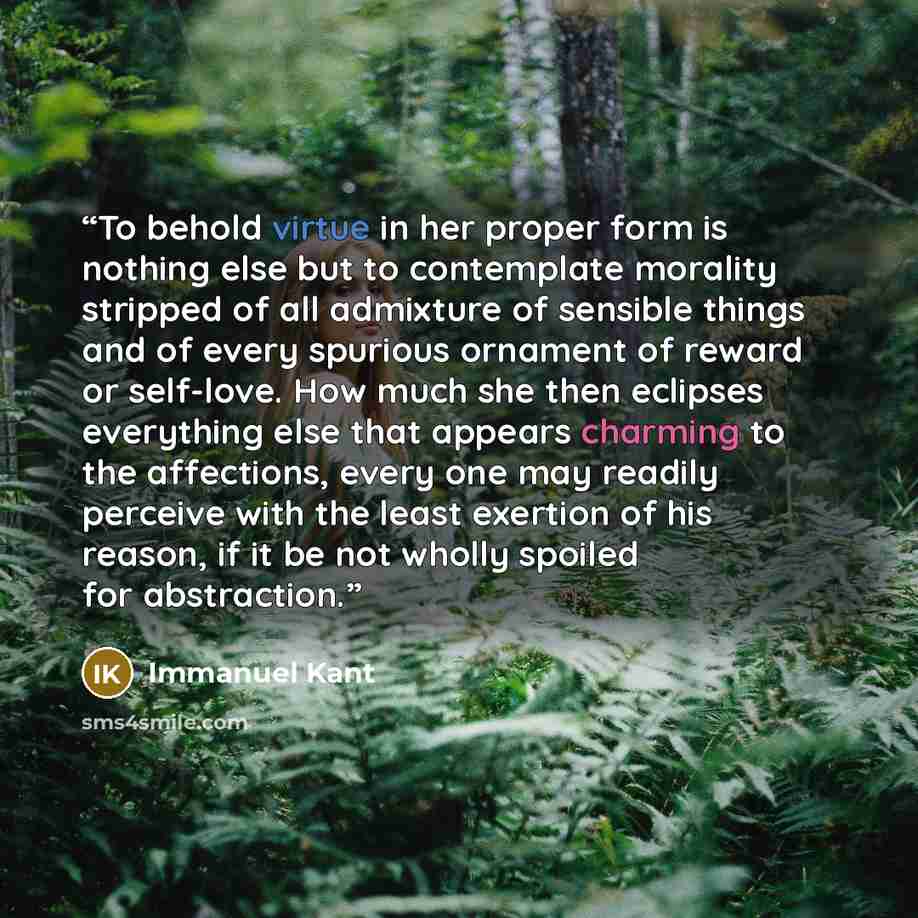 “To behold virtue in her proper form is nothing else but to contemplate morality stripped of all admixture of sensible things and of every spurious ornament of reward or self-love. How much she then eclipses everything else that appears charming to the affections, every one may readily perceive…” quote by Immanuel Kant