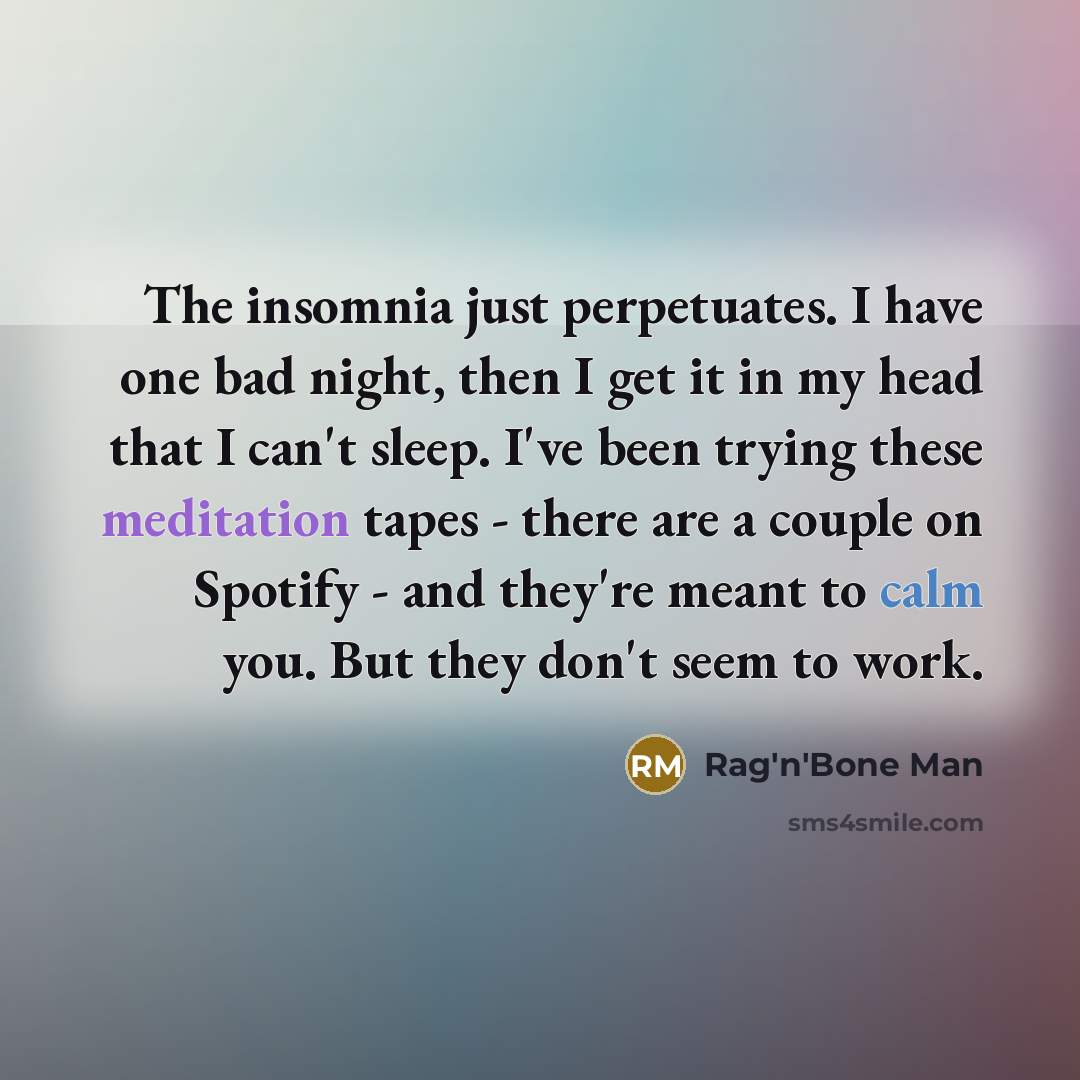“The insomnia just perpetuates. I have one bad night, then I get it in my head that I can't sleep. I've been trying these meditation tapes - there are a couple on Spotify - and they're meant to calm you. But they don't seem to work.” quote by Rag'n'Bone Man