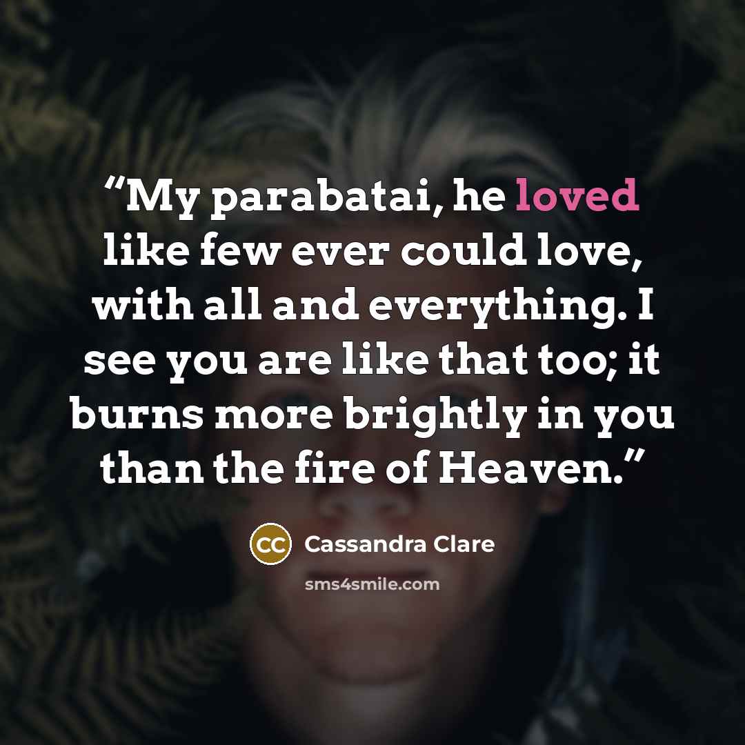 “My parabatai, he loved like few ever could love, with all and everything. I see you are like that too; it burns more brightly in you than the fire of Heaven.” quote by Cassandra Clare