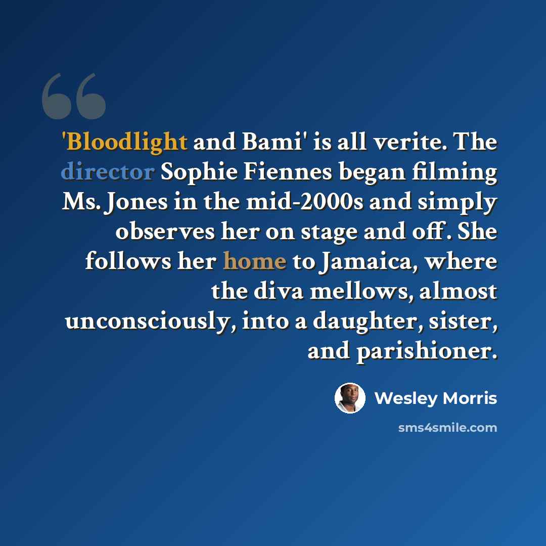 “'Bloodlight and Bami' is all verite. The director Sophie Fiennes began filming Ms. Jones in the mid-2000s and simply observes her on stage and off. She follows her home to Jamaica, where the diva mellows, almost unconsciously, into a daughter, sister, and parishioner.” quote by Wesley Morris