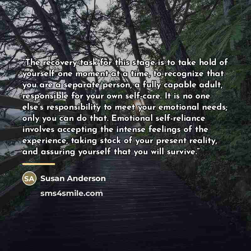 “The recovery task for this stage is to take hold of yourself one moment at a time, to recognize that you are a separate person, a fully capable adult, responsible for your own self-care. It is no one else’s responsibility to meet your emotional needs; only you can do that. Emotional self-reliance…” quote by Susan Anderson