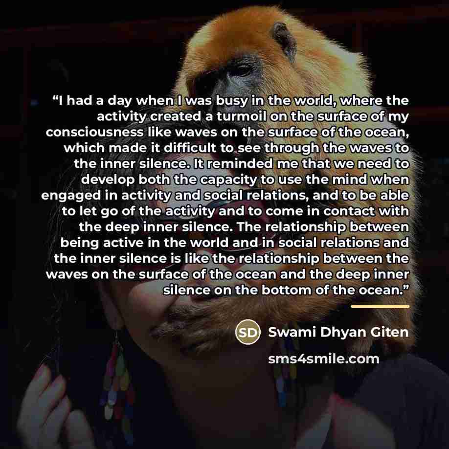 “I had a day when I was busy in the world, where the activity created a turmoil on the surface of my consciousness like waves on the surface of the ocean, which made it difficult to see through the waves to the inner silence. It reminded me that we need to develop both the capacity to use the mind…” quote by Swami Dhyan Giten