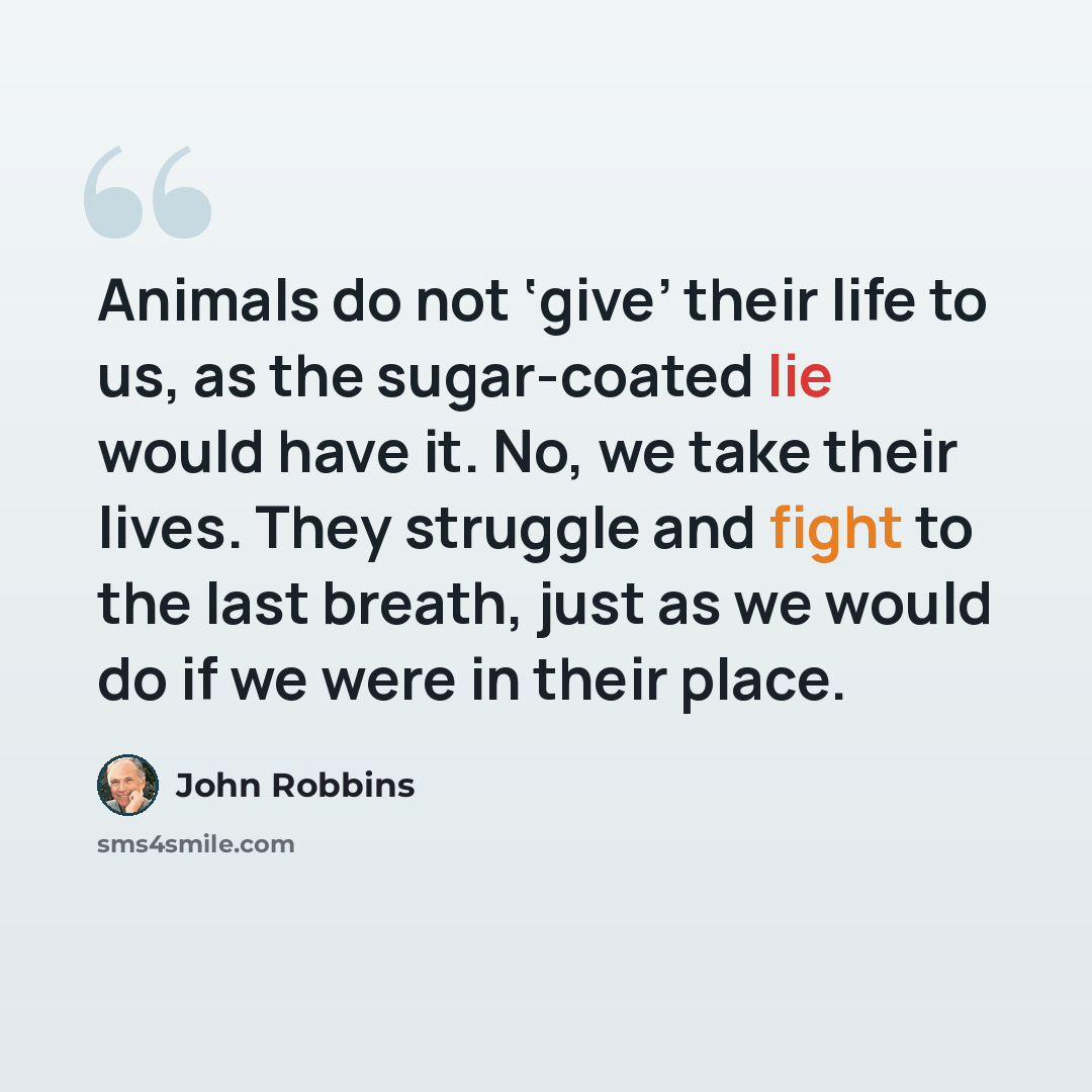 “Animals do not ‘give’ their life to us, as the sugar-coated lie would have it. No, we take their lives. They struggle and fight to the last breath, just as we would do if we were in their place.” quote by John Robbins