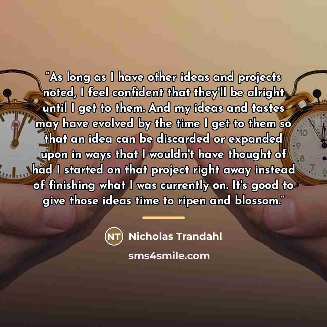 “As long as I have other ideas and projects noted, I feel confident that they'll be alright until I get to them. And my ideas and tastes may have evolved by the time I get to them so that an idea can be discarded or expanded upon in ways that I wouldn't have thought of had I started on that project…” quote by Nicholas Trandahl