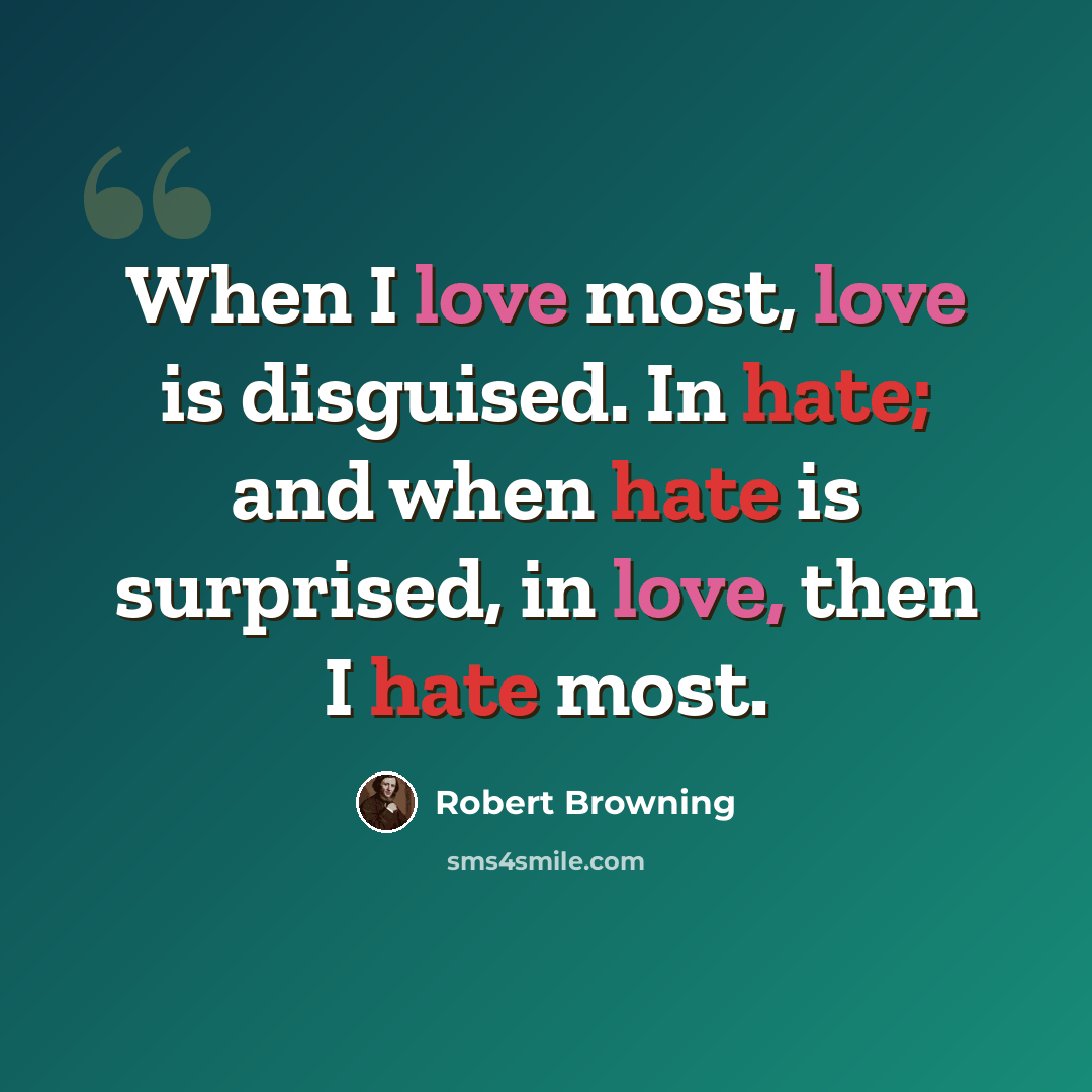 “When I love most, love is disguised. In hate; and when hate is surprised, in love, then I hate most.” quote by Robert Browning