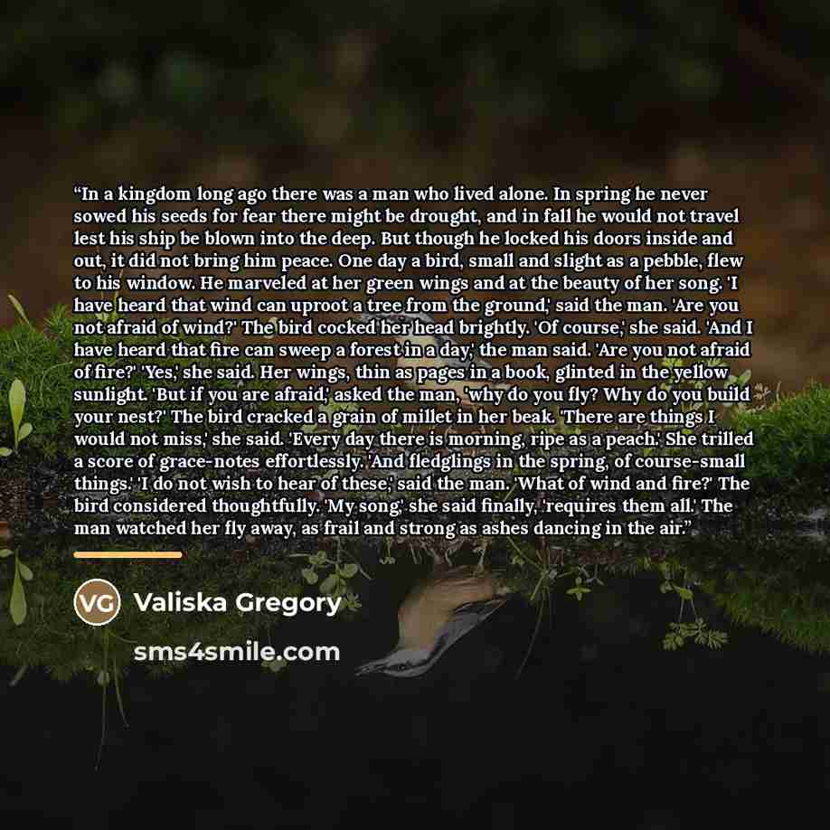 “In a kingdom long ago there was a man who lived alone. In spring he never sowed his seeds for fear there might be drought, and in fall he would not travel lest his ship be blown into the deep. But though he locked his doors inside and out, it did not bring him peace. One day a bird, small and…” quote by Valiska Gregory